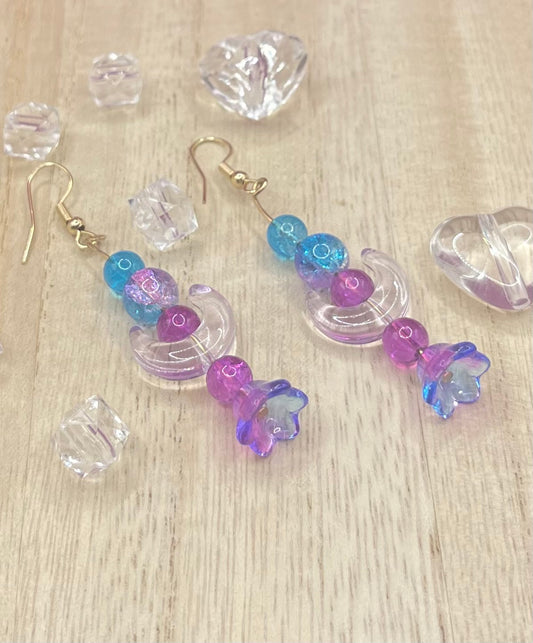 Beaded Blue & Purple Moon Earrings