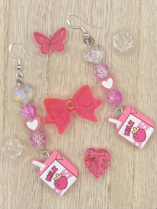 Beaded Heart Strawberry Milk Earrings