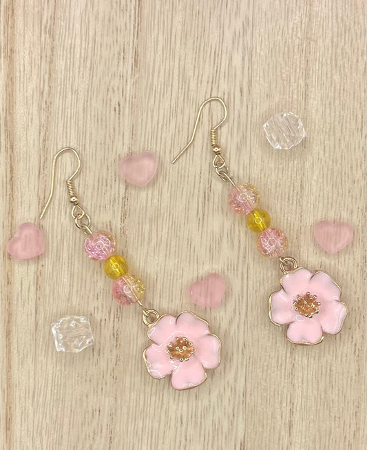 Beaded Pink Flower Earrings
