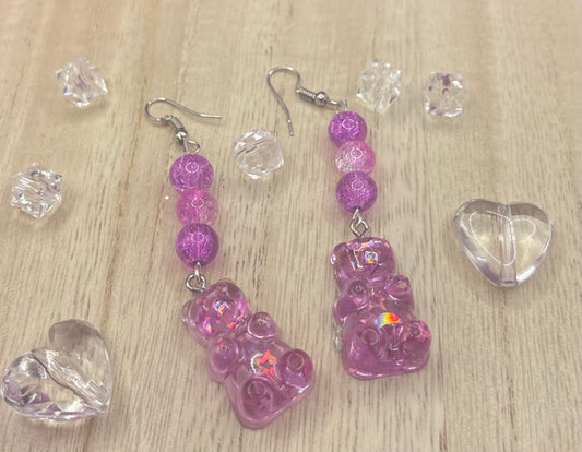 Purple beaded Gummy Bear earrings