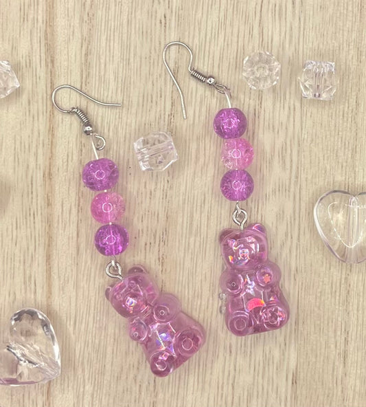 Purple beaded Gummy Bear earrings