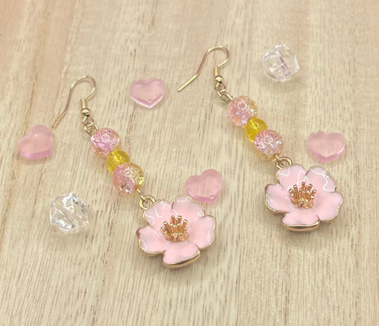 Beaded Pink Flower Earrings