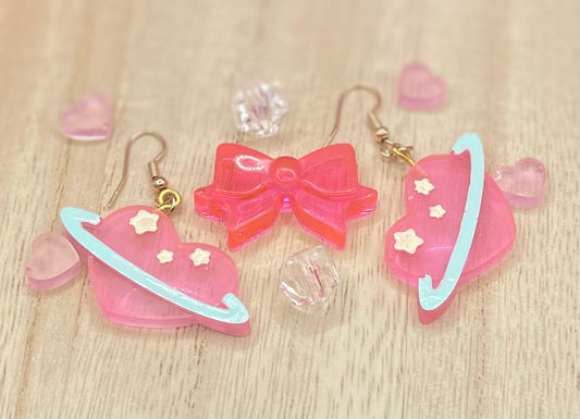 Pink Heart Planet Earrings