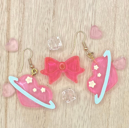 Pink Heart Planet Earrings