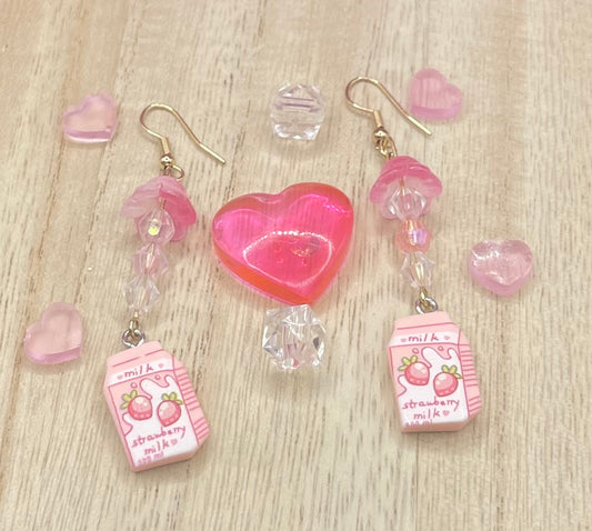 Strawberry Milk Earrings with Flowers