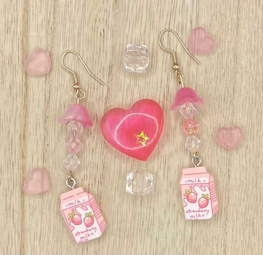 Strawberry Milk Earrings with Flowers